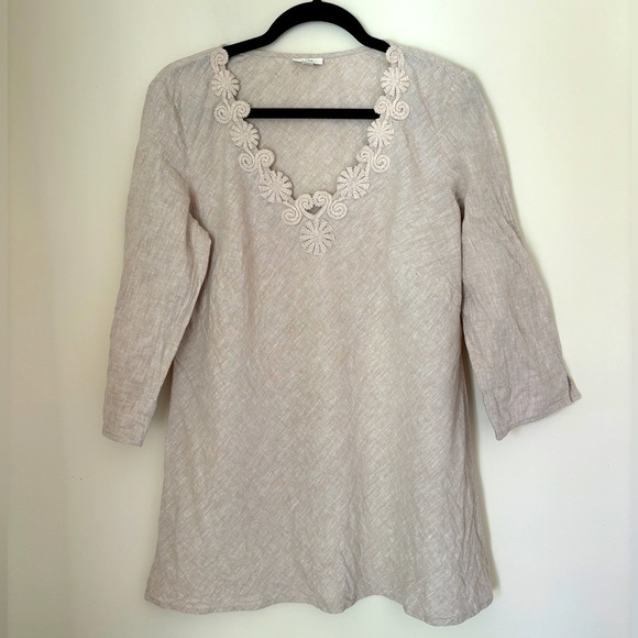 J Jill Small Tunic Blouse Linen Cotton Blend V‎ Neck Crochet Lace Beige Boho - Picture 1 of 7